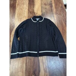 Tabi Black Chunky Cables Cardigan With White Trim 100% Cotton Size Medium Womens